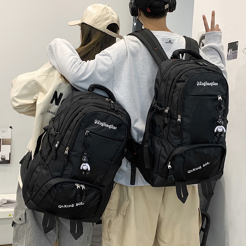 朗酷旅行包男潮流背包女出差行李包50升大容量双肩包多功能户外运动情侣款登山包 黑色(带小熊挂件)