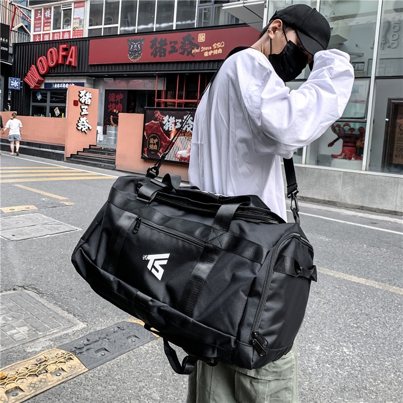 朗酷旅行包男健身包女背包 大容量新款运动短途出差旅游出行休闲耐磨防泼水单肩斜挎包 黑色
